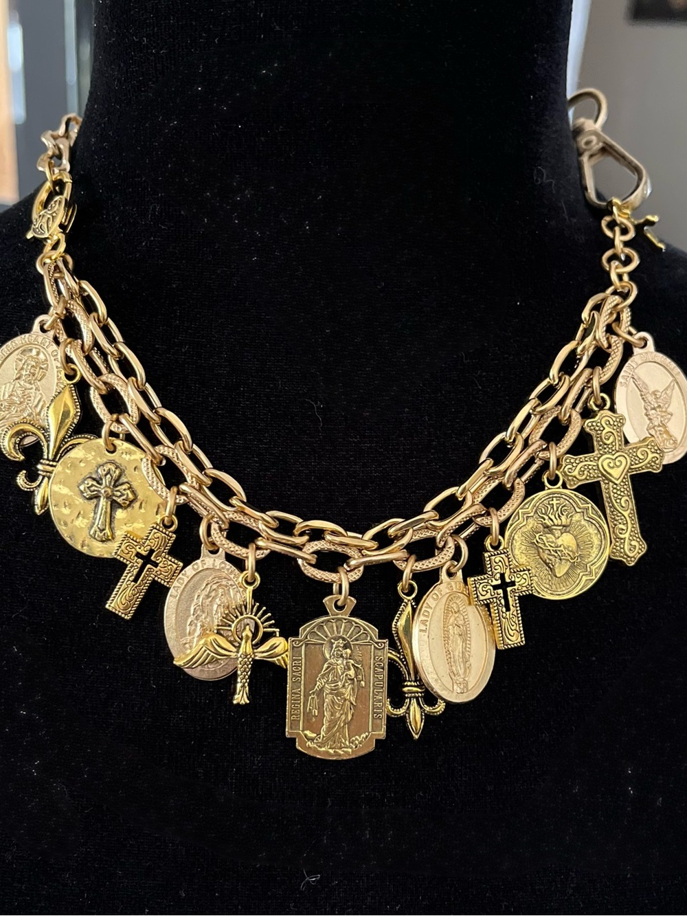 Catholic Saints and Crosses Charm Bracelet, Gold Tone Medals - Picture 4 of 12
